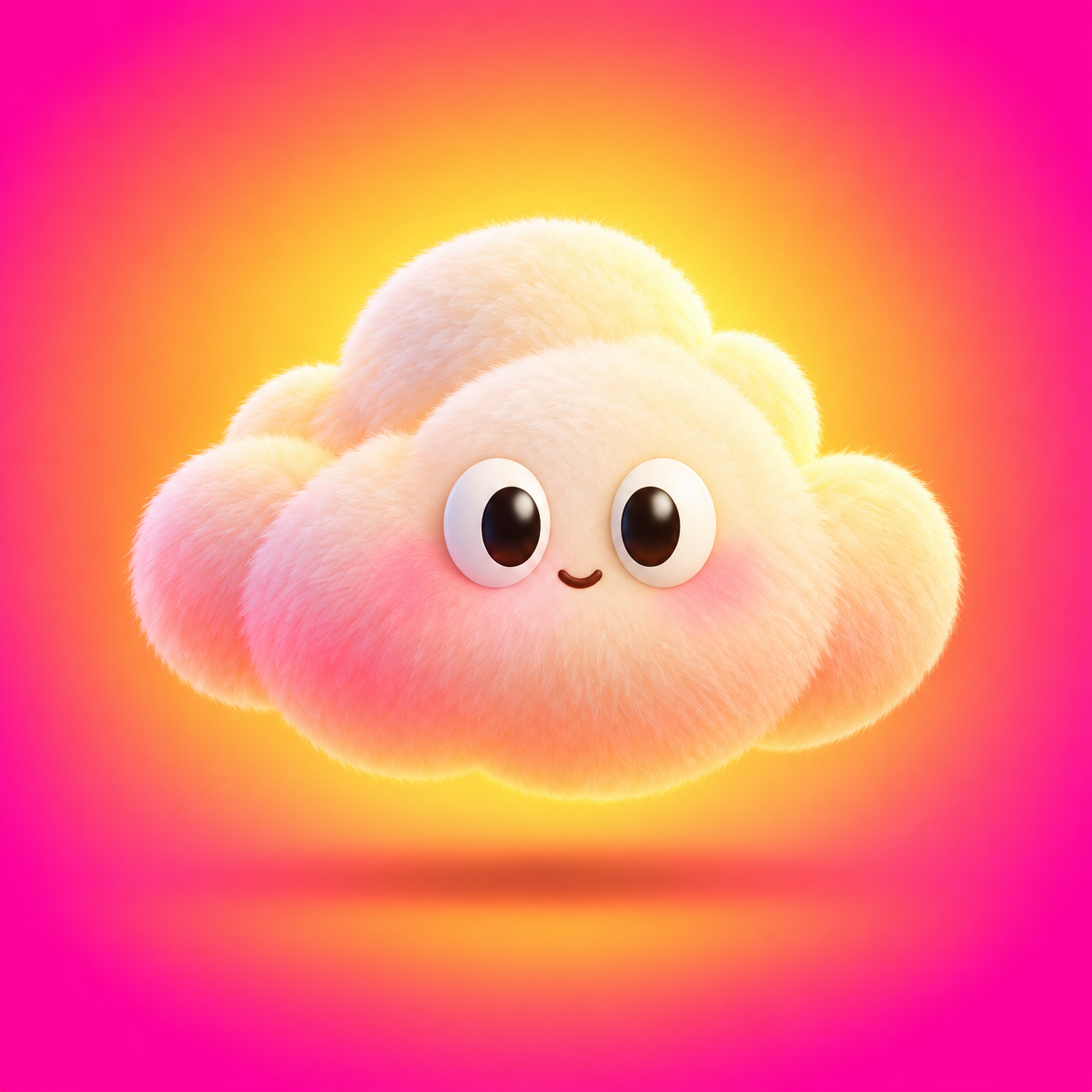 Nuage duveteux crème Golden House aux grands yeux et au petit sourire, sur un dégradé rose, orange et jaune